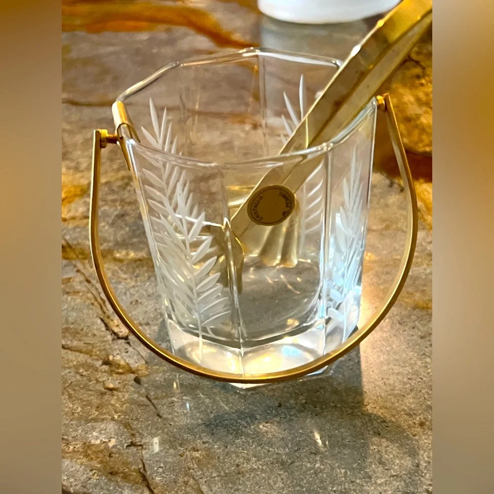 Vintage Ice Bucket with Tongs Miniature Approx. 4” Tall Fern Leaf 🍃 Design